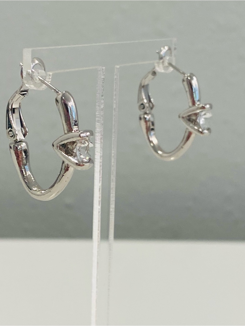 Rhinestone Solitaire Huggie Hoop Earrings Silver Tone Round Shape Minimalist